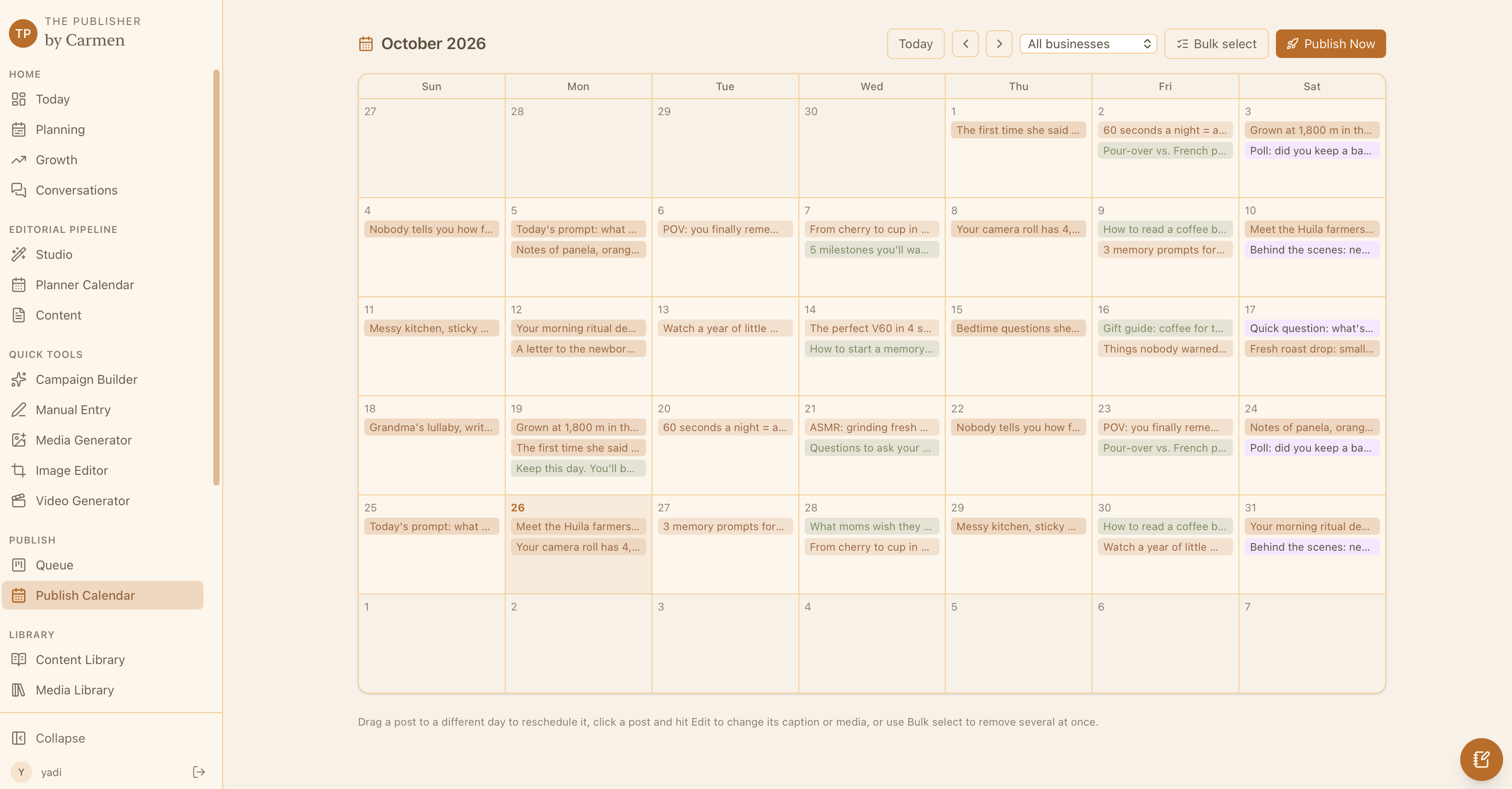 Publishing Studio publisher calendar screen