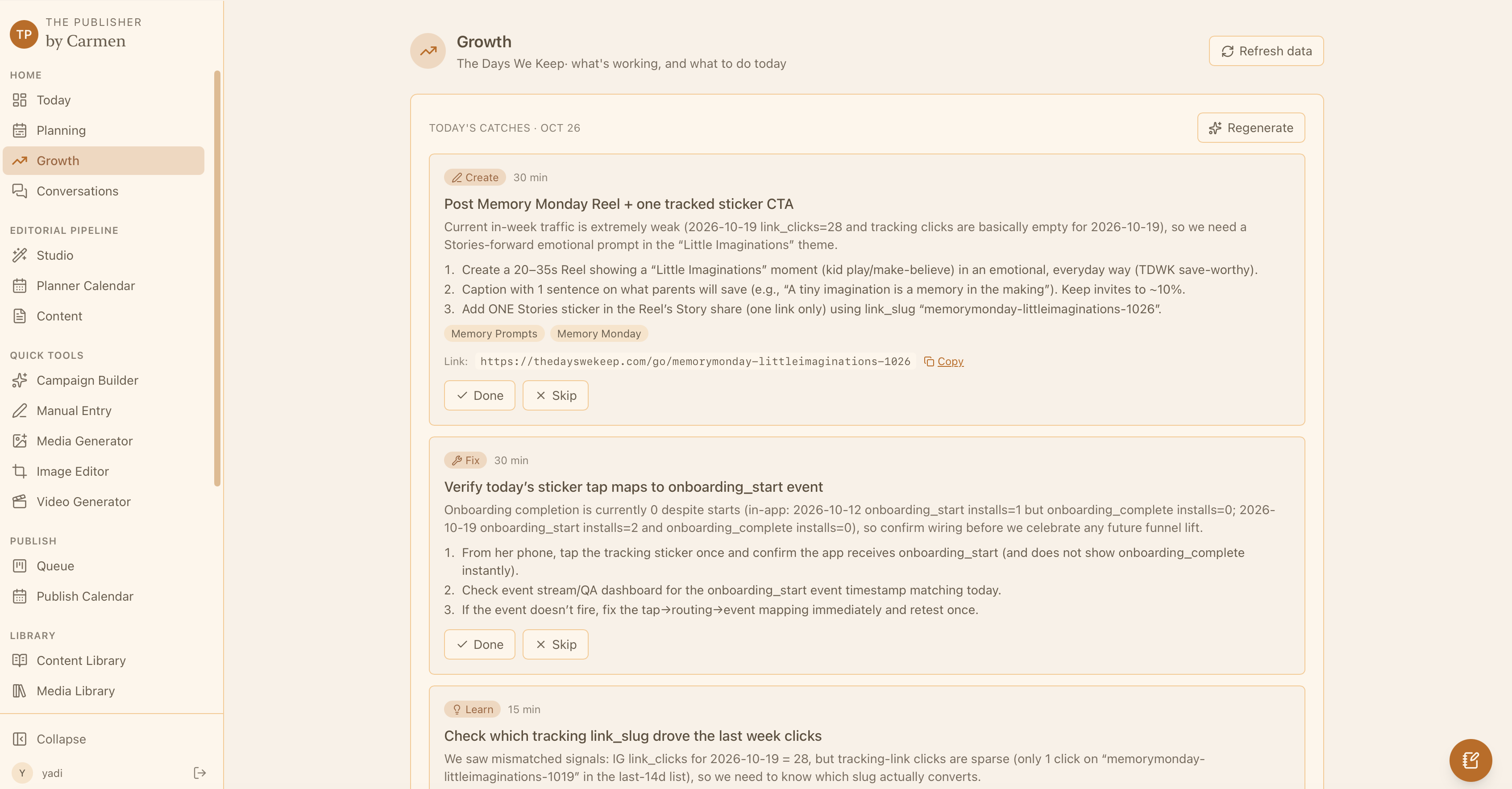 Publishing Studio publisher growth screen